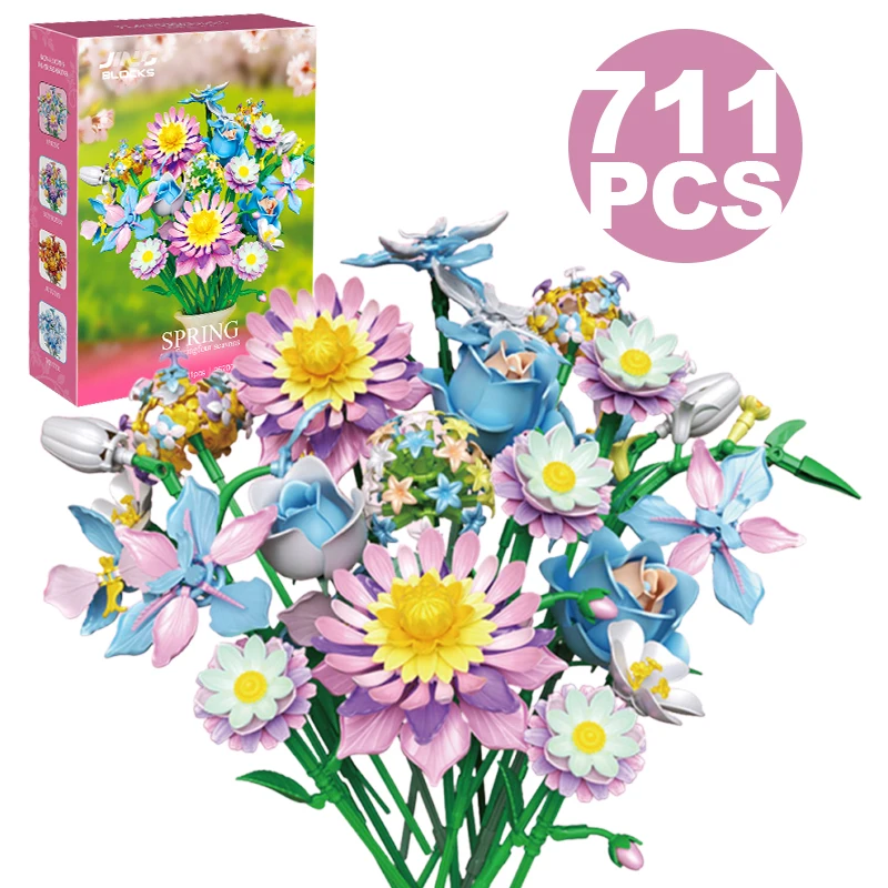

Creative 711PCS Spring Rose Bouquet Building Blocks Tulip Immortal Flowers Home Desk Plant Decoration Assemble Bricks Toys Gifts