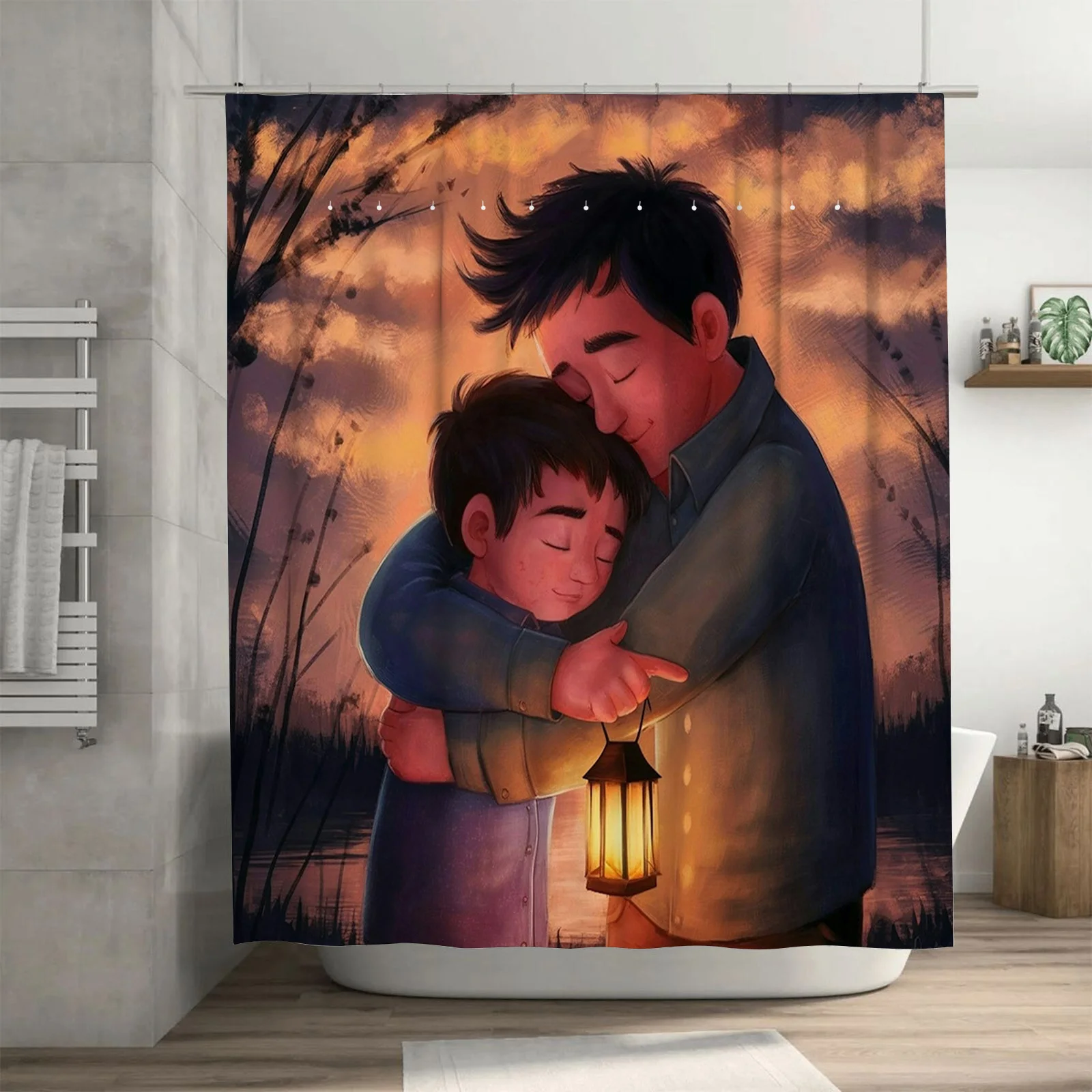 Heartwarming Father and Son Embrace Shower Curtain - Waterproof, Mildew-Resistant, Machine Washable for Bathroom Decor