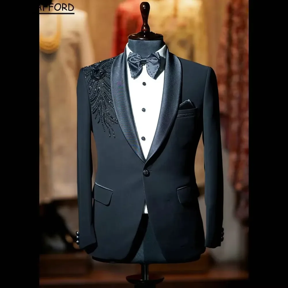 Dark Navy 3D Flowers Two Pieces Men Suits Pearls Beading Evening Party Blazer Groom Wear ( Jacket + Pants )