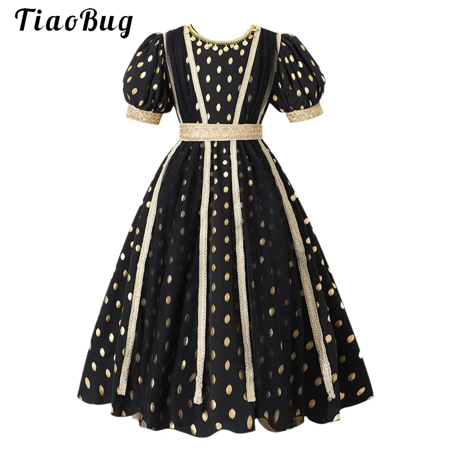 

Kids Fancy Dot Dress Girls Vintage Princess Dress Gold Trims Puffy Sleeve Ruffled Long Dress Weddings Birthday Party Proms Gowns