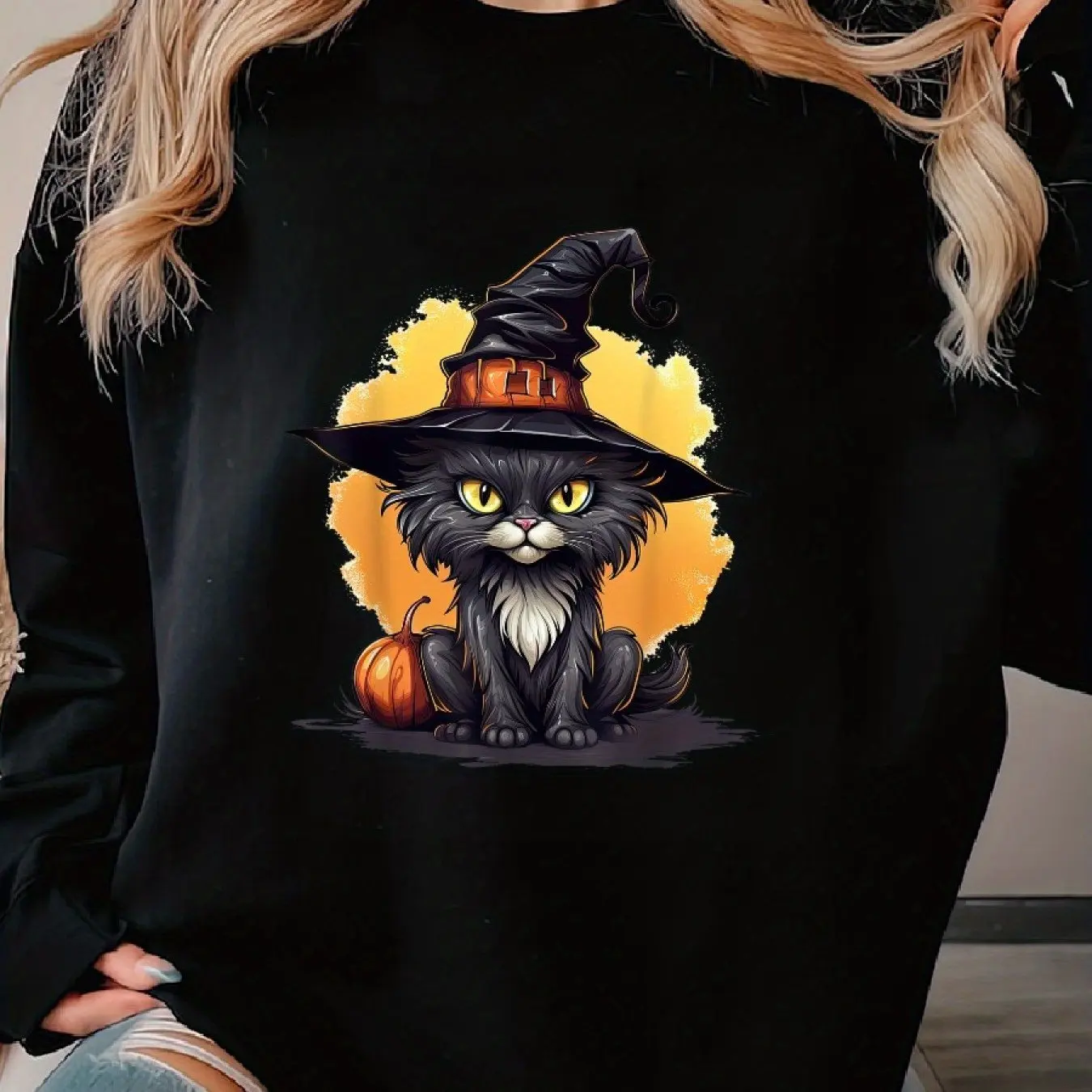 Scary Black Cat Witch Hat Pumpkin Halloween Costume Woman's Classic Print Hoodie Casual Long Sleeve Crew Neck Sweater For Sports