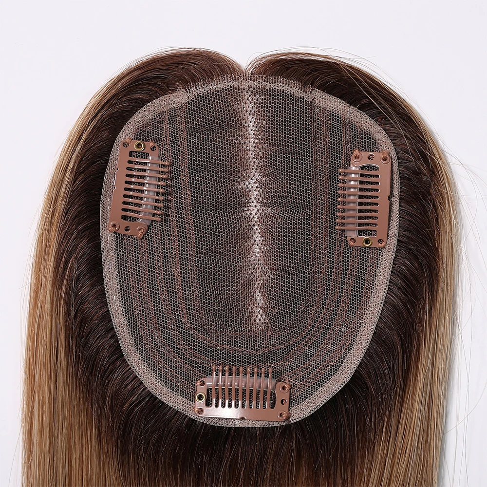 Topper de Cabelo Humano 100% Remy Ombre Castanho de 12 Polegadas com Base de Renda 4x5 Polegadas para Mulheres com Cabelo Ralo e Parte Central