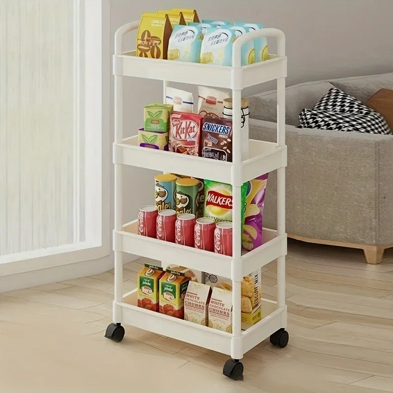 1pc 3/4-Tier Storage Rack with Wheels Space Saving Stackable Plastic Organizer for Bedroom Kitchen Multi Functional Utility Cart