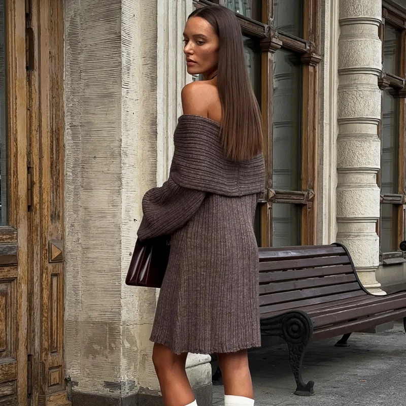 Ticketsx Elegant Off-Shoulder Loose Knit Mini Dress Autumn Solid Hollow Out Ruched A- Line Dress Women Fashion casual streetwear