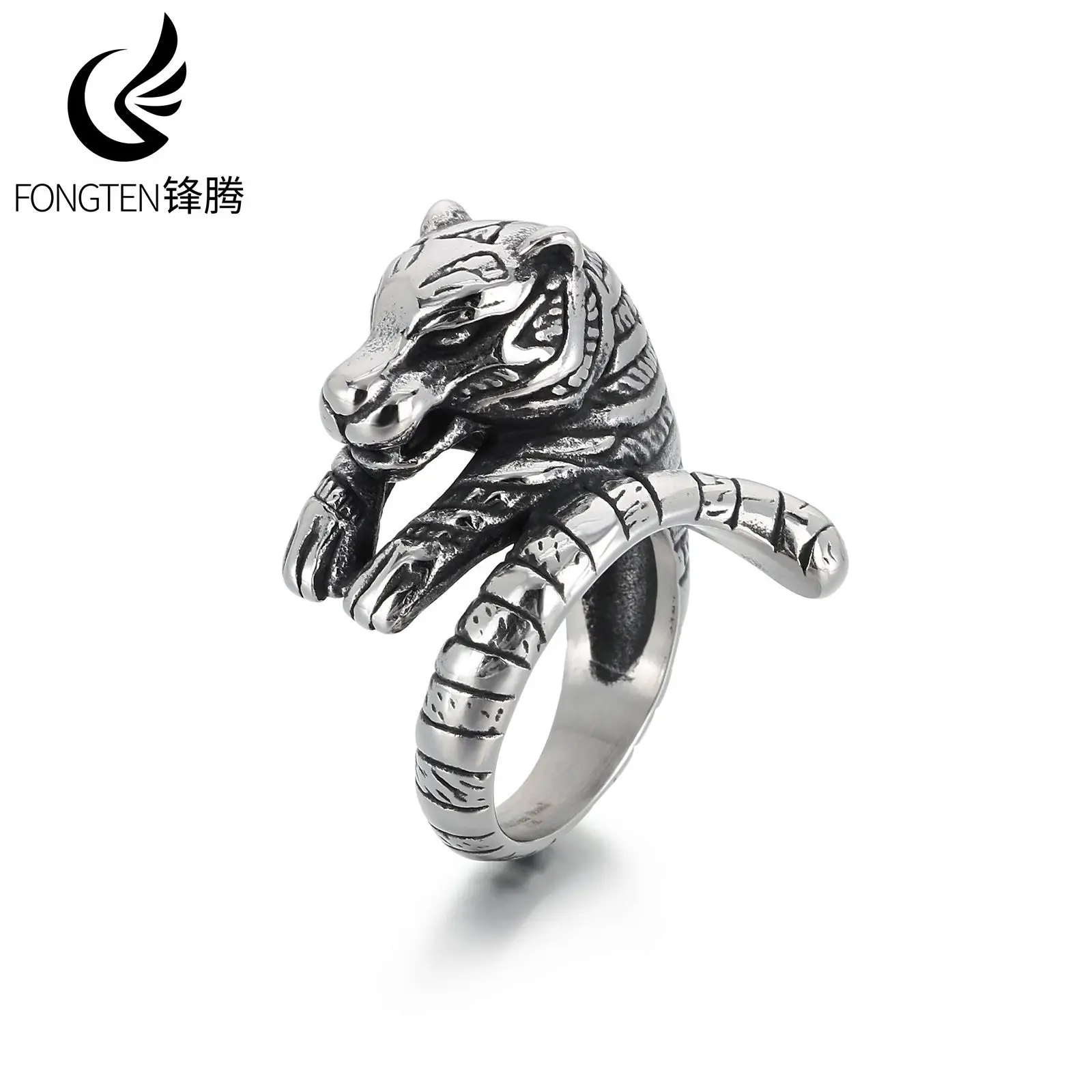 Fongten Cute Tiger Cuff Ring Stainless Steel Men's Finger Decoration Fashion New Animal Accessories Lightweight Luxury Jewelry
