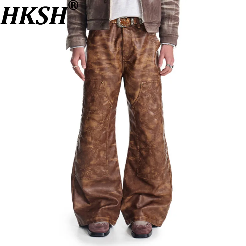 

HKSH Spring Autumn New Men Trendy Casual Distressed Vintage Embroidered Rivet Chic Punk Ins Waterproof PU Leather Pants HK16387
