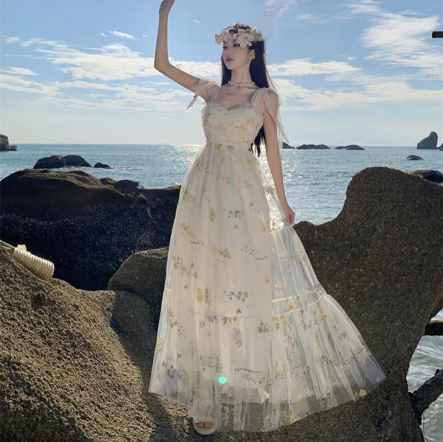 2024 New Beautiful Sling Heavy Embroidery Floral Mesh Dress Summer Seaside Vacation Fairy Dress Elegant White Dresses Women Y2k