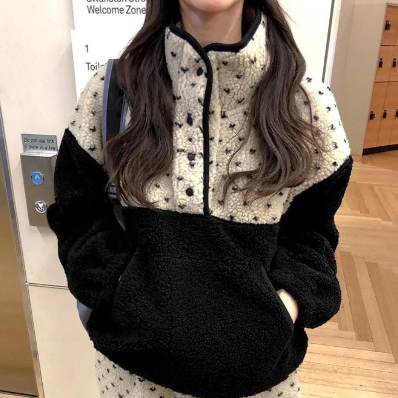 

Chic Vintage Autumn Winter Polka Dot Color Blo Fce Hoodie Korean Sle Long Sve Crew Ne Sweatirt for Young Women