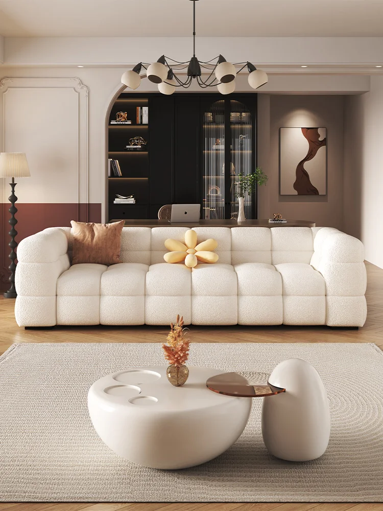 

Sharon's Cream Style Lamb Fleece Cotton Candy Living Room Small Unit Straight Row Fabric Sofa