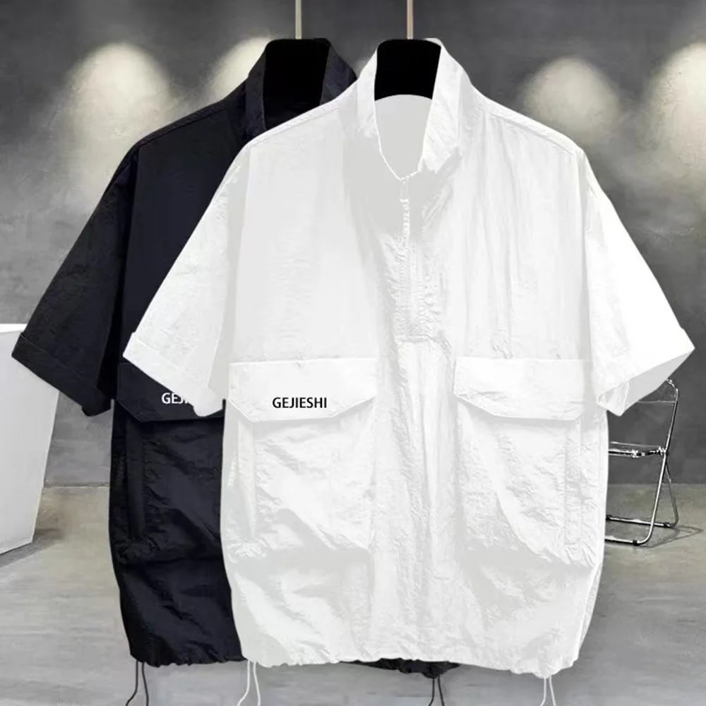 Mens Shirt Functional Pocket Half Zipper Thin T-Shirt Casual Modern Trend Loose Stand Collar Short Sleeve Top Unisex 2024 Summer