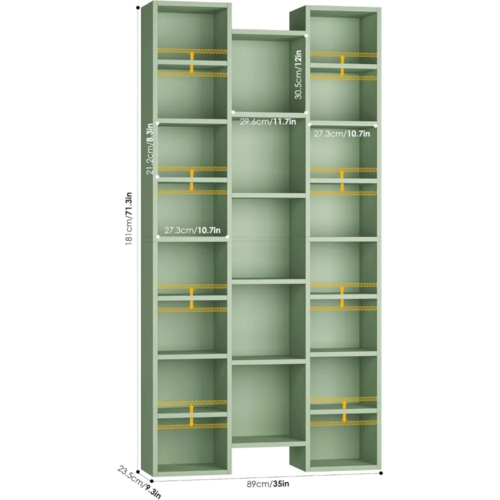 رف كتب بطول 71 بوصة، رف كتب ثلاثي واسع مع أرفف قابلة للتعديل، رف برج تخزين CD DVD من 8 طبقات، عرض