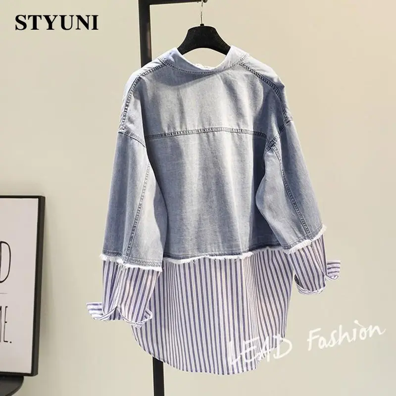 Vertical Striped Denim Vintage Polo Collar Single Breasted Long Sleeve Women's Blouse Shirt Korean Fashion Female Clothing 2024