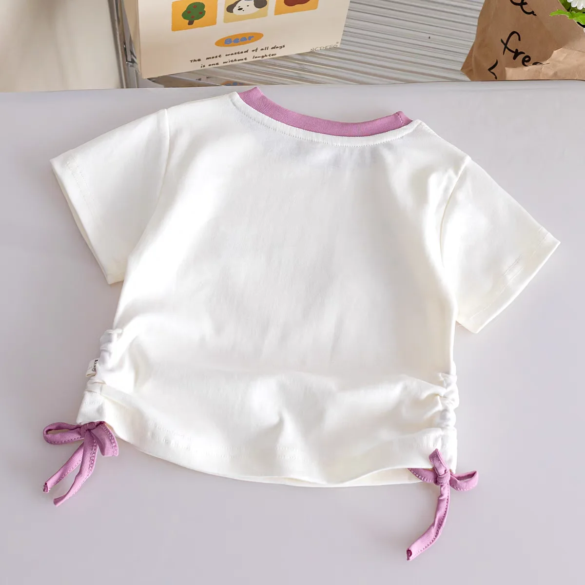 Girls' Cartoon Short-Sleeved Summer New Style Cute Drawstring Stylish T-Shirt for Baby Girls Versatile Casual Color-Blocked Top Trendy