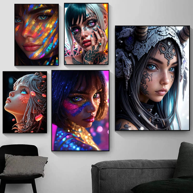 Abstract Art Female Facial Fashion Colorful Cartoon Illustration Poster Canvas Painting Wall Art Pictures Powder Room Home Decor