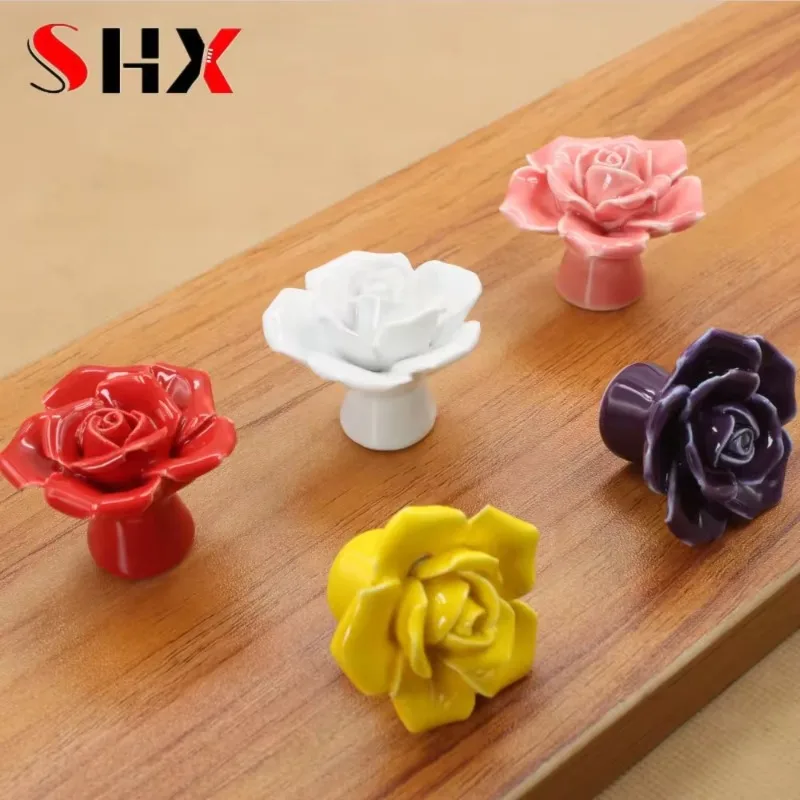 Fashion Furniture Handles Hardware Ceramic Flower Rose Drawer Knobs Rural Cabinet Cupboard  41mm Diameter 34mm Height