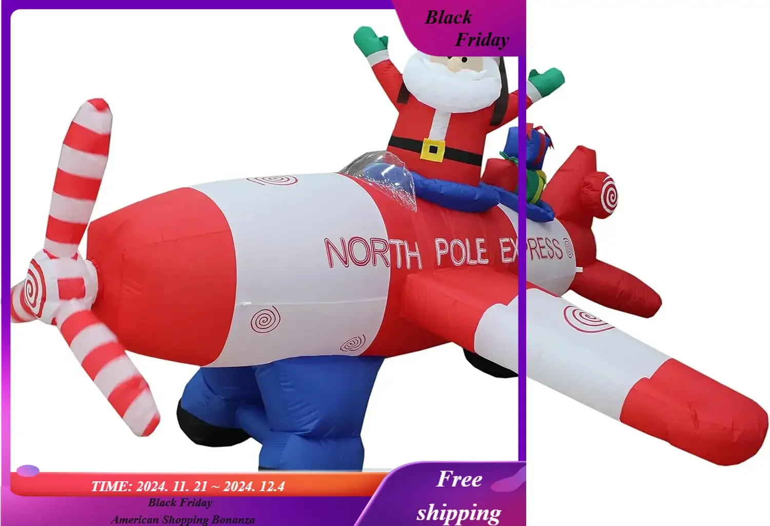 Animated - 8 Foot Wide Christmas Inflatable Santa Claus Flying Airplane Blow Up Yard Decoration