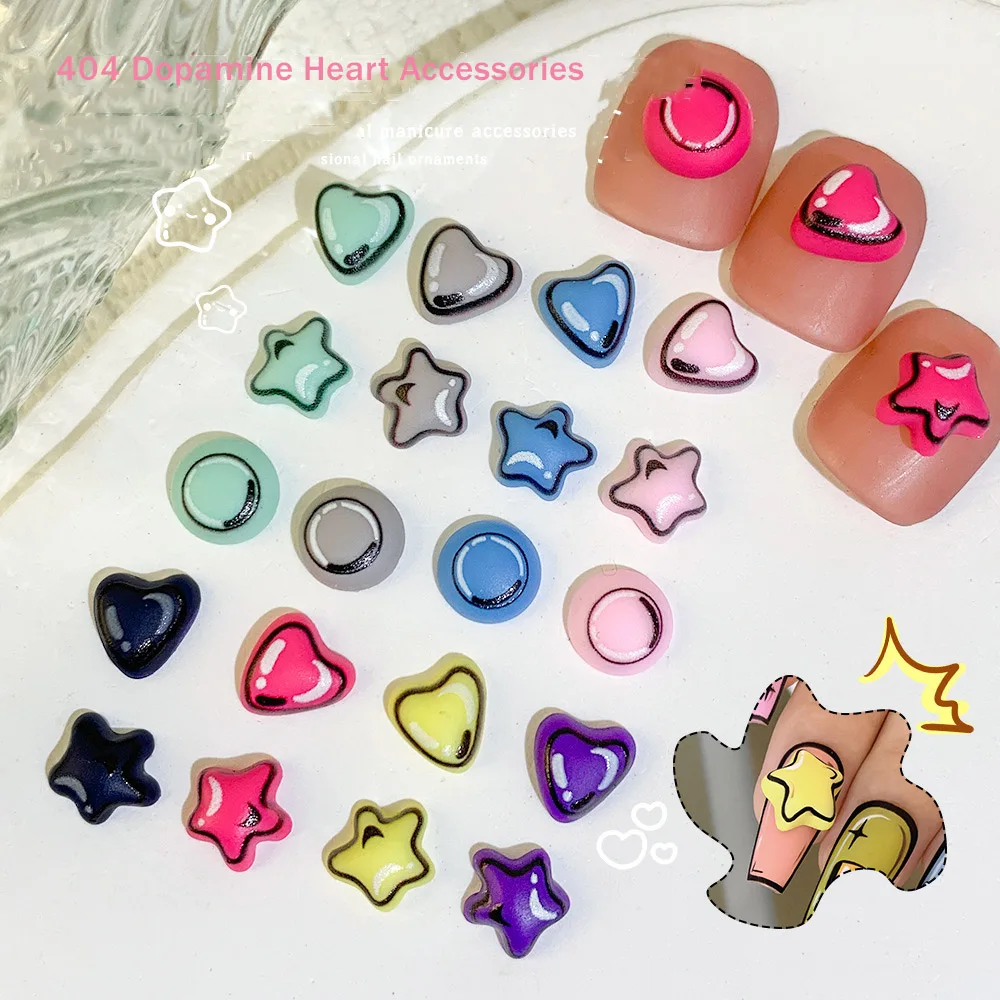 20/50pcs Girlromance Dopamine Heart Nail Accessories Comics Color Printing Decors Heart Round Pentagram Resin Nail Ornaments 404