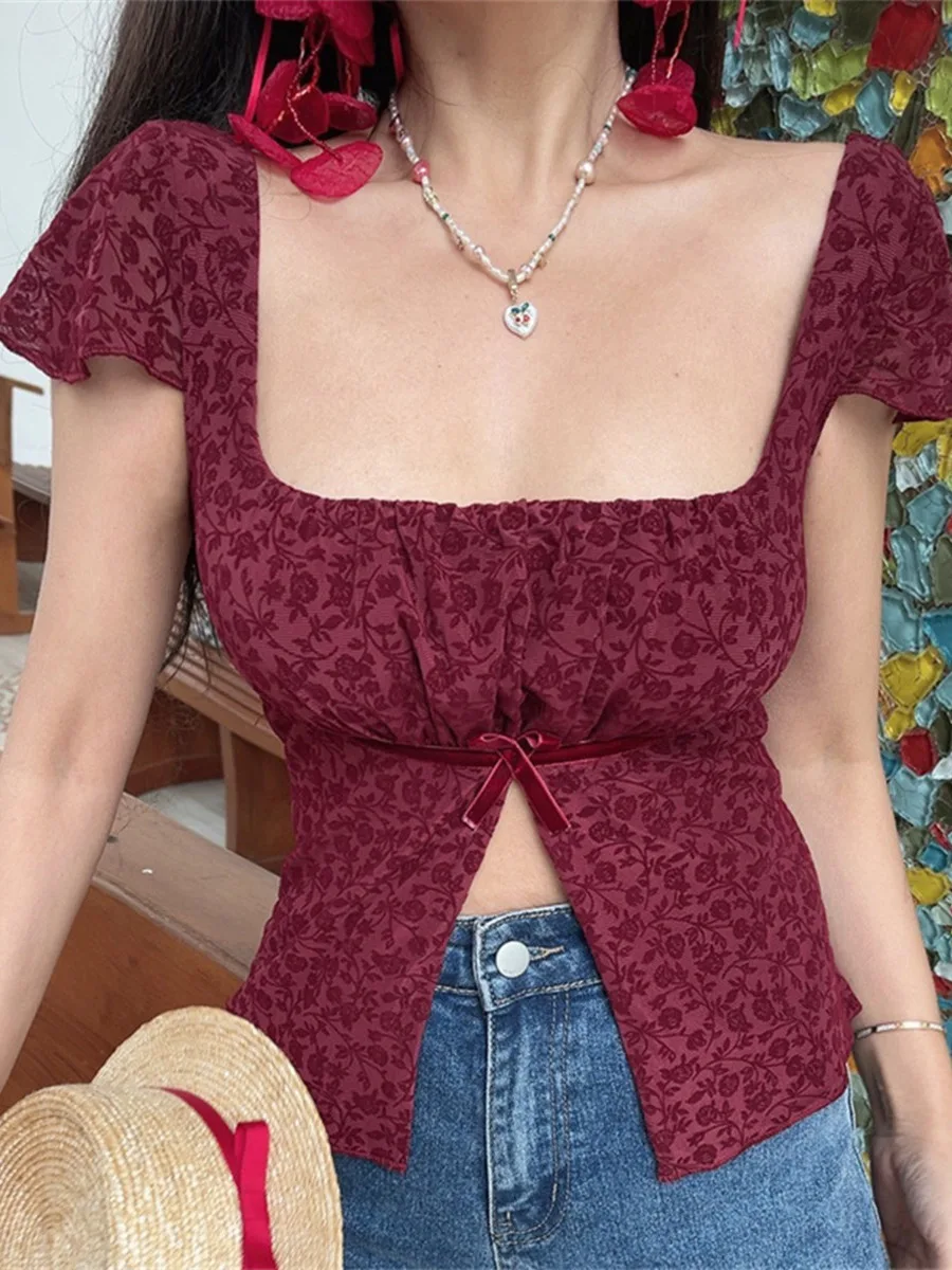 

French Style Slim Fit Short Sleeve T-Shirt Women's Spring Summer Square Collar Knot Velvet Mesh Top Breathable Skin...