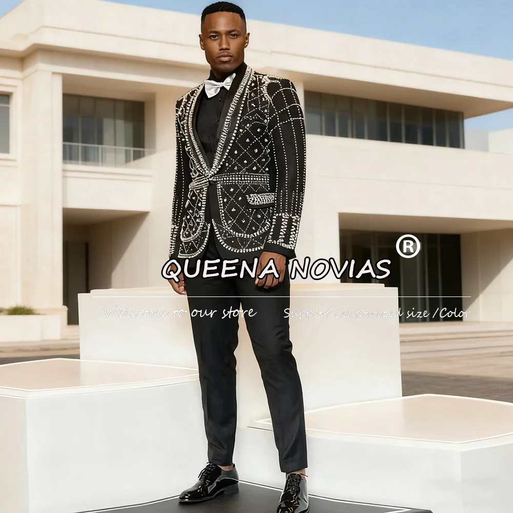 

Customized Pearls Beaded Suit Mens Single Breasted Man Party Dresses 2 Pieces Sets Groom Wedding Tuxedo trajes para hombre 2025
