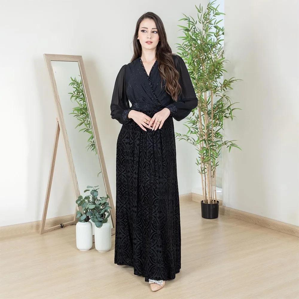 

Muslim Women Velvet Chiffon Patchwork Abaya Long Maxi Dress Turkey Kaftan Evening Party Arab Gown Dubai Islamic Caftan Jalaibya