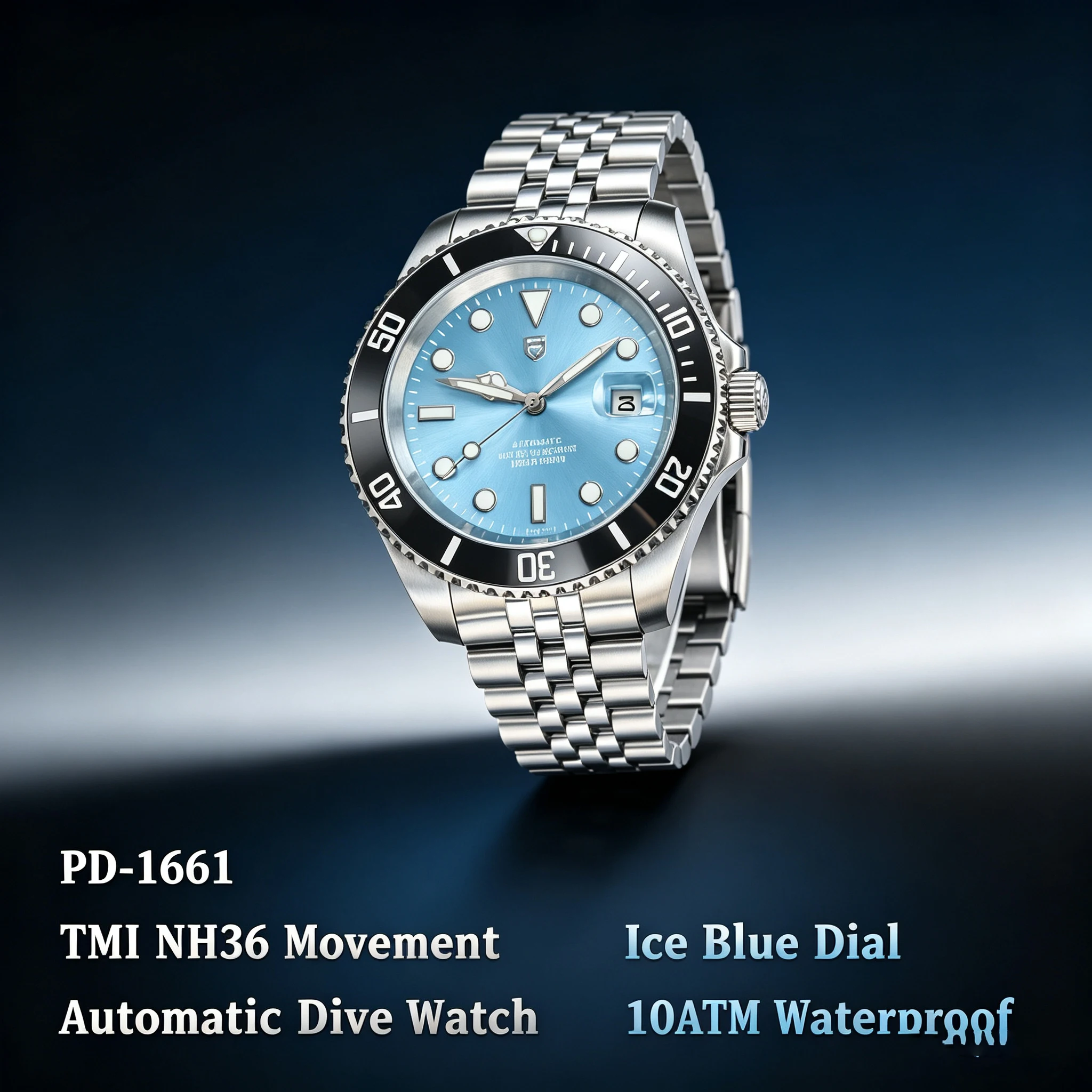 PAGANI DESIGN Herren Automatik-Taucheruhr 40mm Eisblau TMI NH35 Uhrwerk Saphir 10ATM Wasserdicht Edelstahl Sportuhr