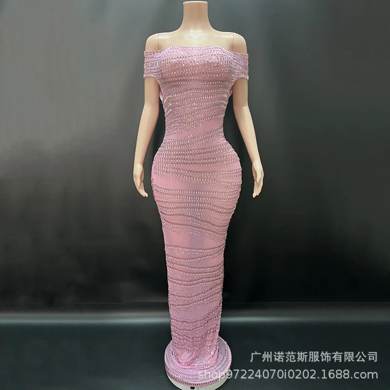 Robe de tempérament mince à épaules dénudées de diamant jaune brillant, tenue de soirée à la mode, tapis rouge, spectacle de marche, uniforme de présentation, robes de Gala