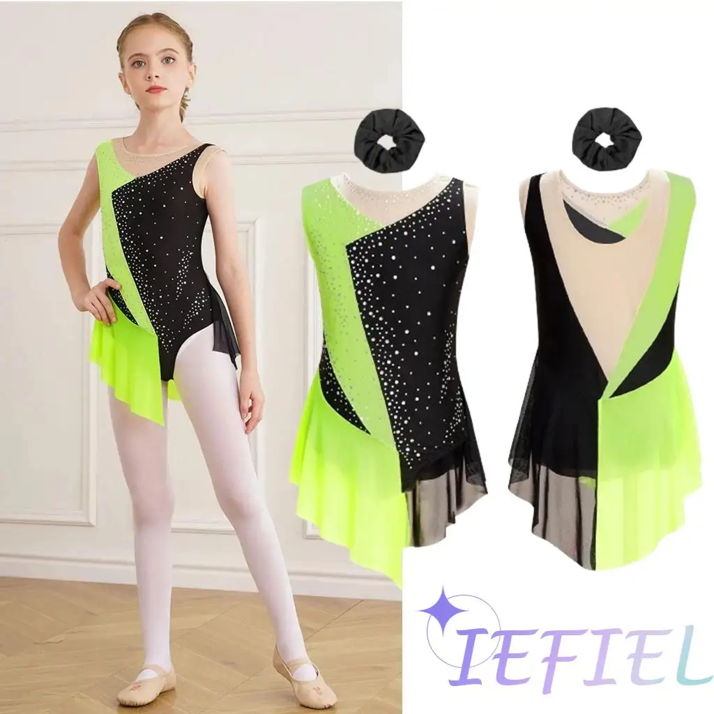 Girls Fancy Figure Skating Outfits Athletic Activewear Gymnastics Unitard Set Ballet Dance Splice Mesh Leotard with Hair Tie