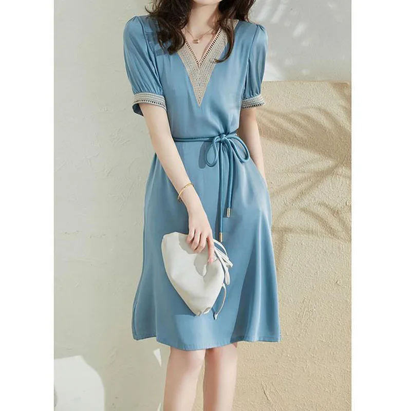 V-Neck Hook Flower Hollow Patchwork Elegant Dress For Women Summer Female Clothing Pockets Solid Lace Up Short Sleeve Dresses