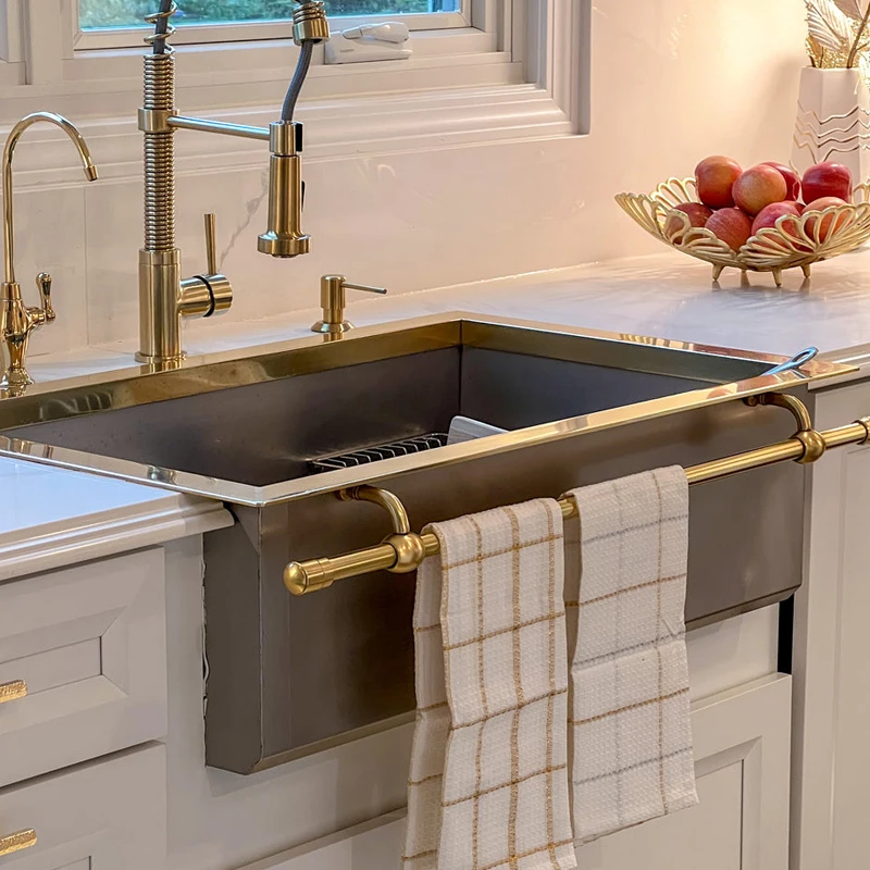 Kitchen Sink Farmhouse Handmade Stainless Steel with Brass Finish Retro Style Customize Design with Towel Bar