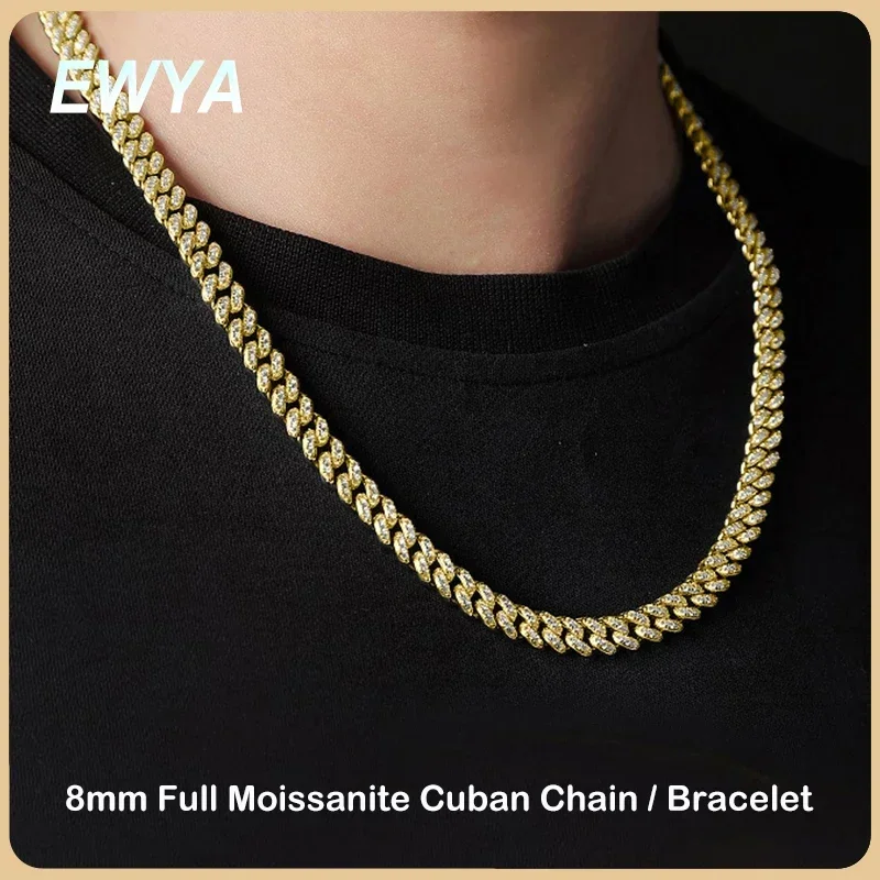 EWYA Full Moissanite Cuban Neck Chain Necklace for Men Women 8mm S925 Silver Plated 18K Hip Hop Pass Diamond Test Link Necklaces