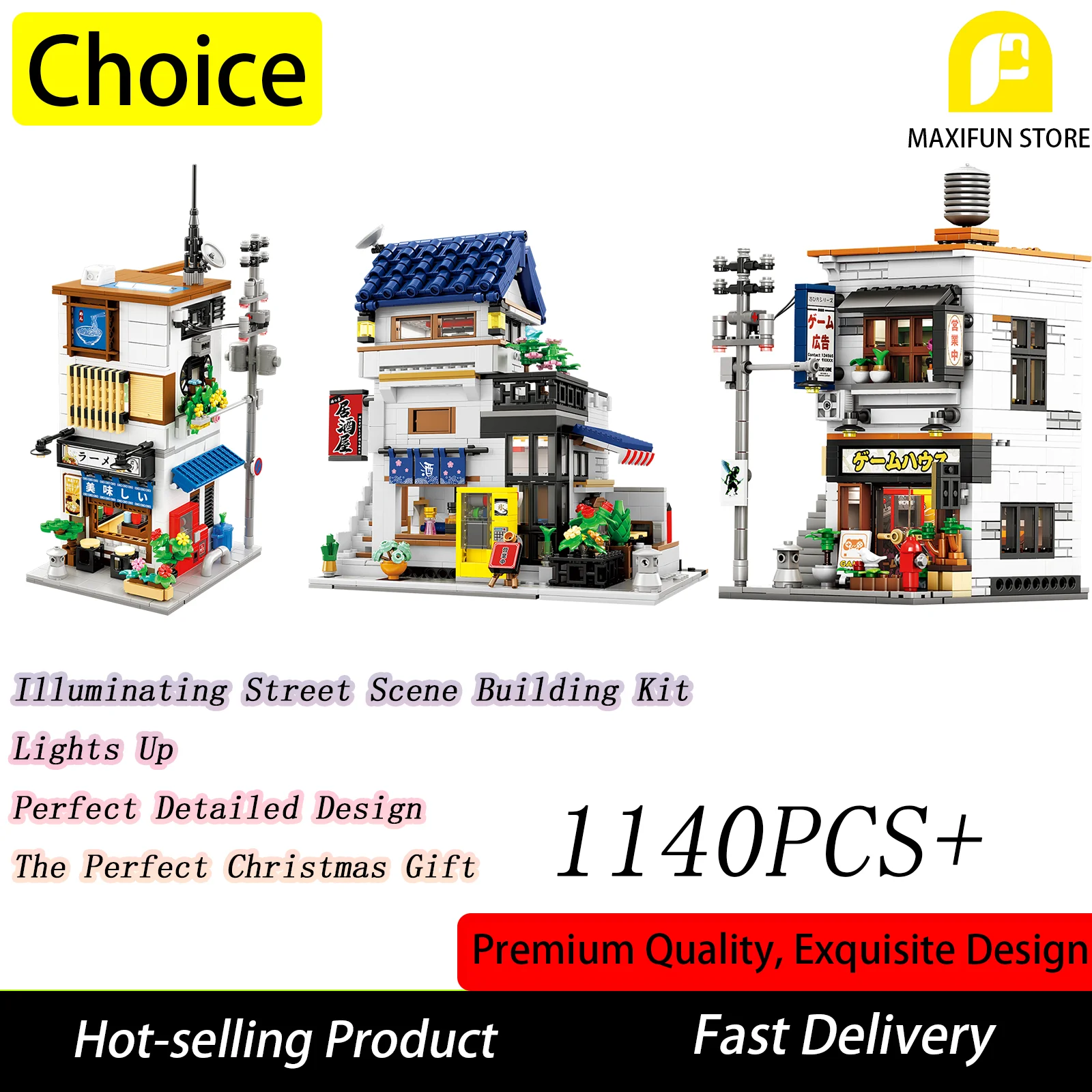 

1140 + шт., японский строительный блок для уличной сцены со светодиодным строительным комплектом, японский паб, рамэн, ресторан, аркадный подарок для детей и взрослых