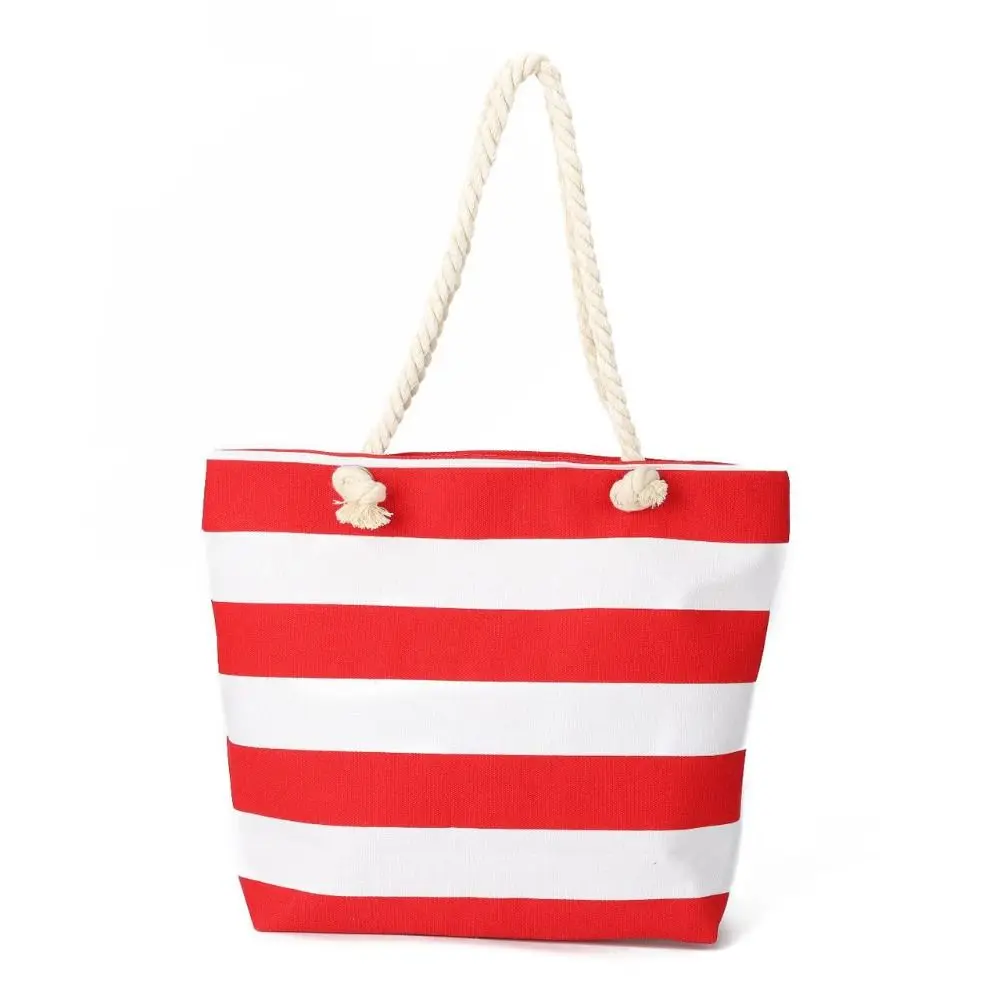 Striped Beach Tote Bag Large Capacity Foldable Shoulder Bag Canvas Zipper Travel Handbag For Travel Work Beach Gym Store