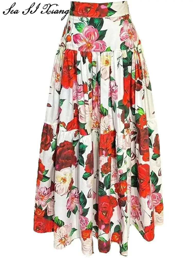 Seasixiang Rose Floral Print Cotton Skirt For Women High Waist Vintage Long Skirt Fashion Autumn Female