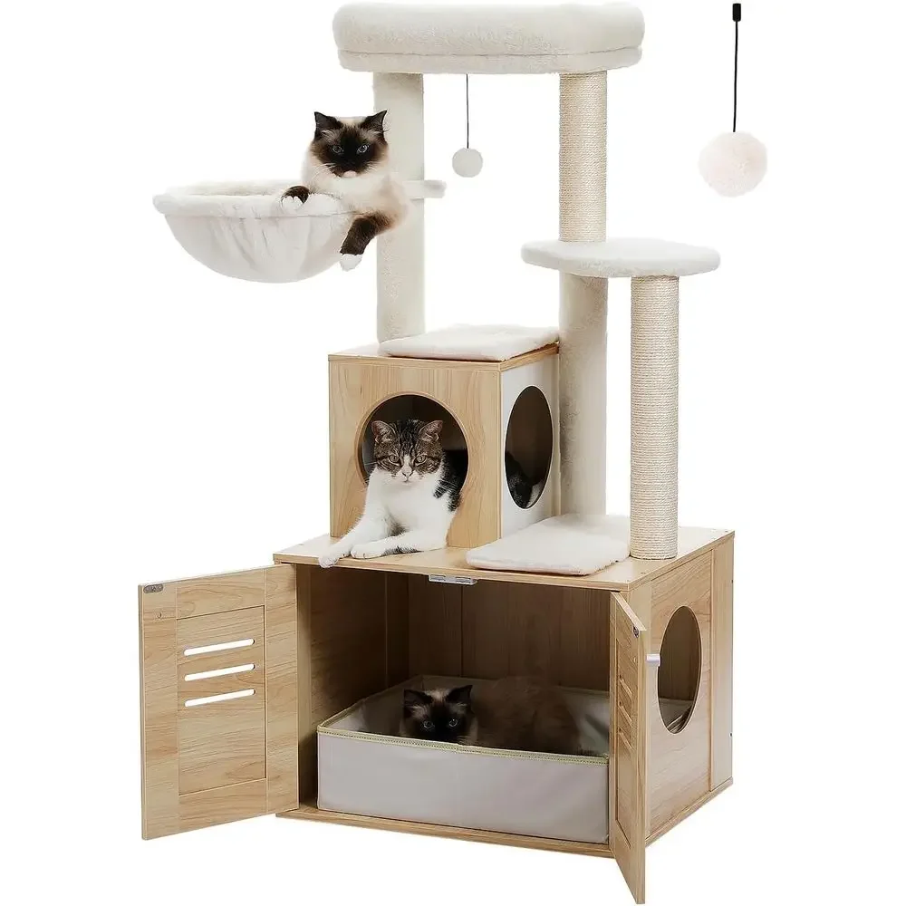 50 Litter Box Enclosed Cat Tree for Large Cats with Condo, Wooden Furniture, Hammock, and Perch, Beige