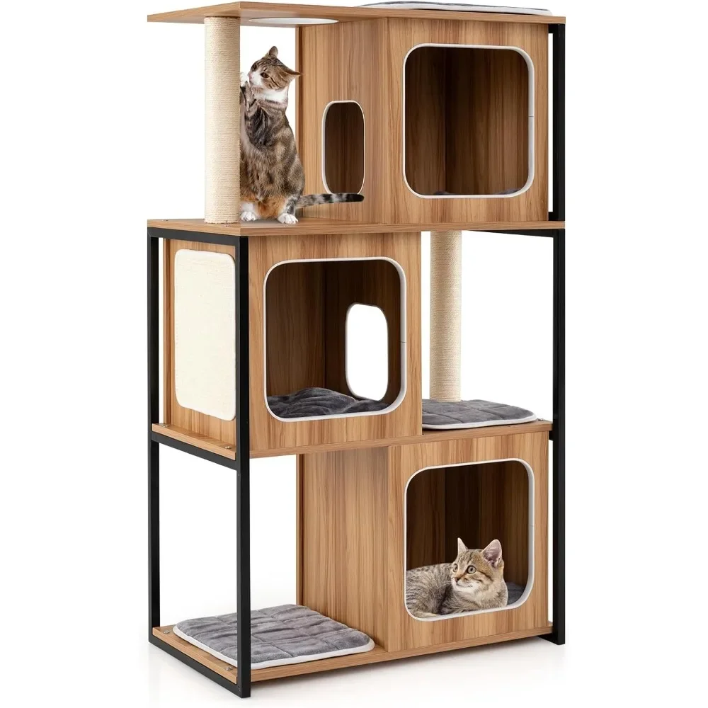 

52 Inch Wood Cat Tree for Indoor Cats, Multi-Level Solid Metal Framed Wooden Cat Tower with Sisal Scratching Posts and P