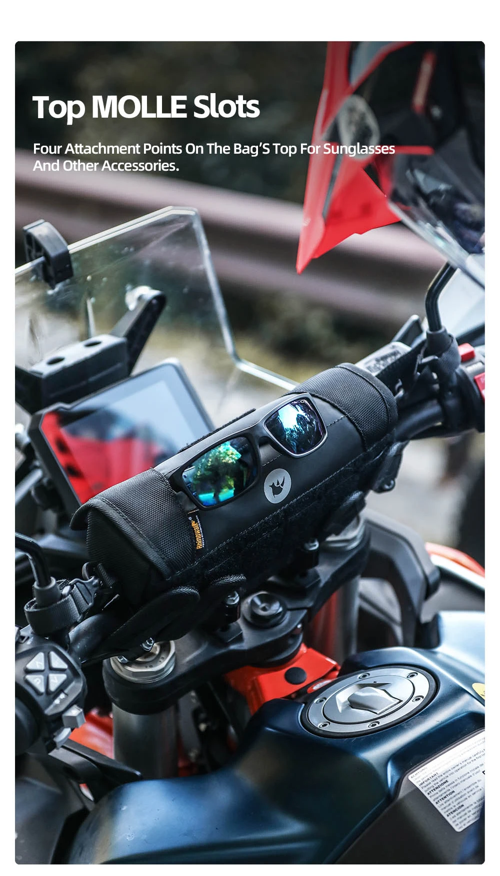 Rhinowalk Motorrad-Lenkertasche, stabile Aufbewahrungstasche, Reise-Umhängetasche mit Molle-System und Regenschutz für ADV-Zubehör – Detail 11