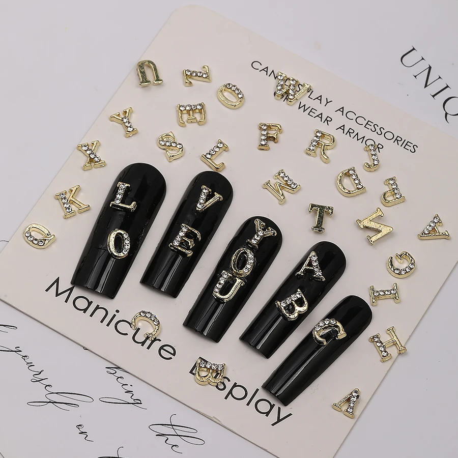 24 Grids Mixed Trendy 3D Alloy Rhinestone Alphabet Nail Charms Set-A-Z Letters Gems Custom Name Initial Nail Art DIY Accessories
