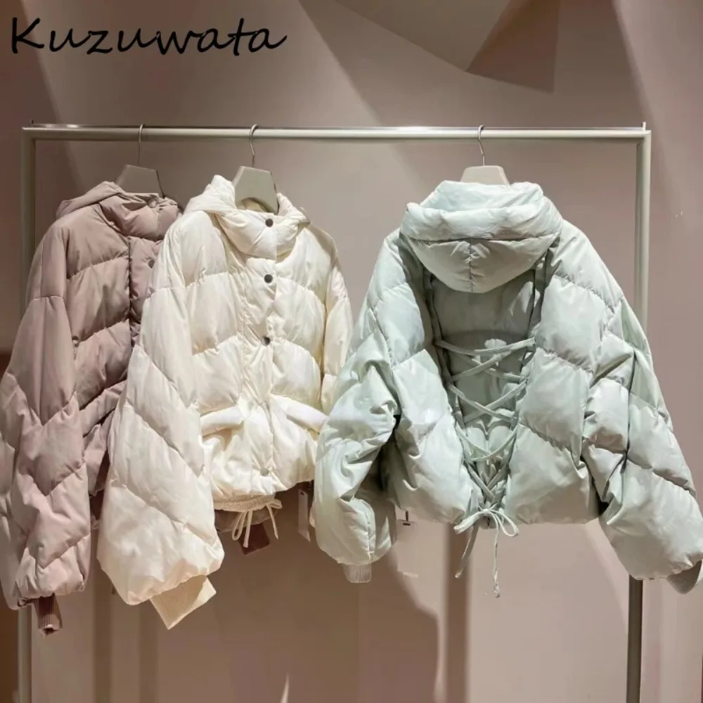 Kuzuwata New Hooded Thicked Warm Long Sleeve Jacket Single Breasted Sweet Drawstring Down Coat Japan Moda Elegant Solid Outwears