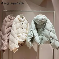 Kuzuwata-Chaqueta de manga larga con capucha para mujer, abrigo cálido de un solo pecho con cordón, prendas de vestir sólidas elegantes, Moda japonesa, nuevo