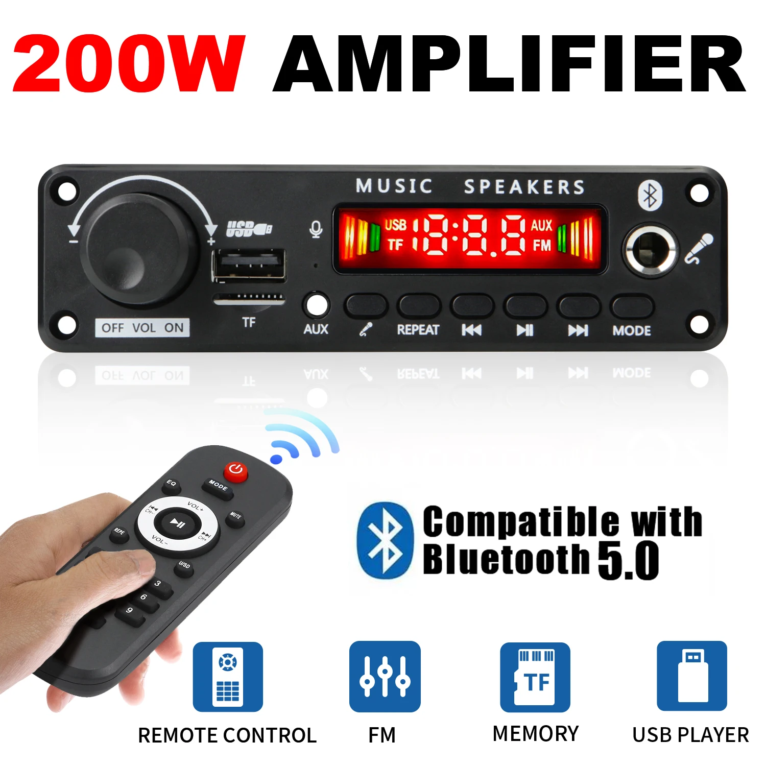 NEW 200W  Amplifier Bluetooth DIY MP3 WAV Decoder Board DC 12V 100W  Wireless Car USB MP3 Player TF Card Slot USB FM with Mic