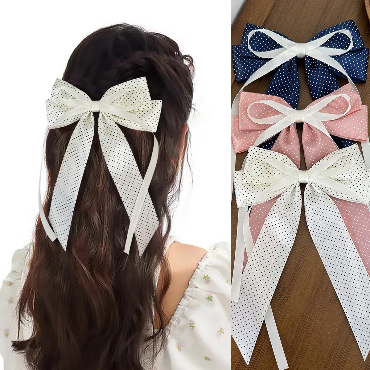 

30 PCS/Lot, 6.1" Polka Dot Long Ribbon Hair Bows Cute Hairpins Girls Hair Clips Barrettes Kids Headwear Fashion Hair Accessories