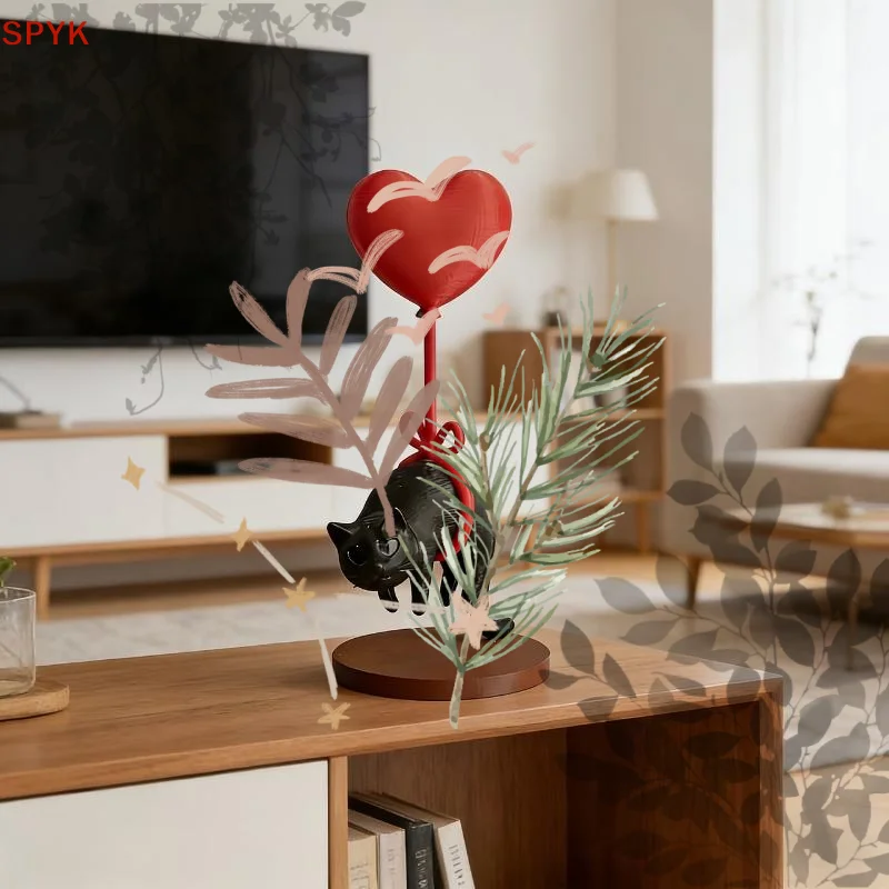 1Pcs Home Bookshelf Bedside Table Ornament: Cute Floating Cat Statue Heart Shaped Balloon Romantic Desk Gift