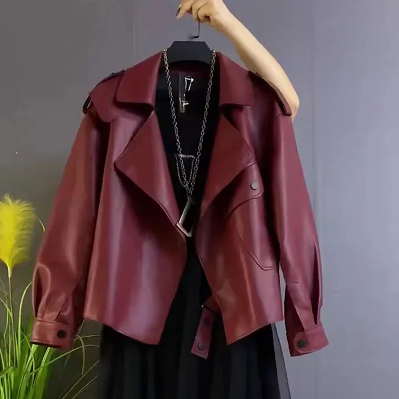 Oversize Leather Coat Women\'s Autumn New Retro Motorcycle Biker Jacket Loose Long-sleeved Casual Short Luxury PU Leather Outwear