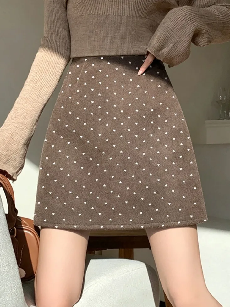 Chic High Waist A-Line  Skirt Women's Checkered Heart Pattern Woolen Skirts Spring Autumn Season Commute Style
