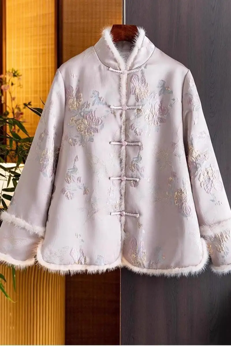 Imagem -06 - Cabolsa Acolchoado de Algodão Chinês para Mulheres Estilo Tang Botão Espesso Jaqueta de Inverno Elegante Tops Jacquard Rosa Tops High-end Novo Z4340