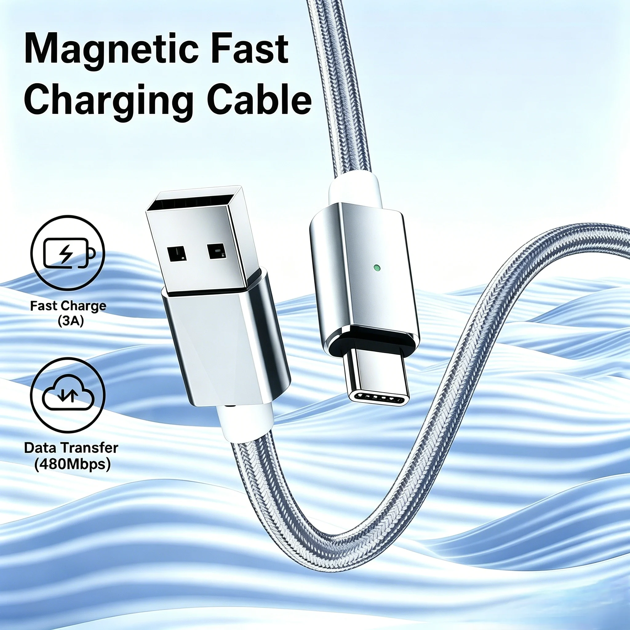 

60W 3A Magnetic USB A to C Fast Charging Cable 480Mbps Nylon Braided Magnet Type C Charger Cord For Samsung Xiaomi Phone