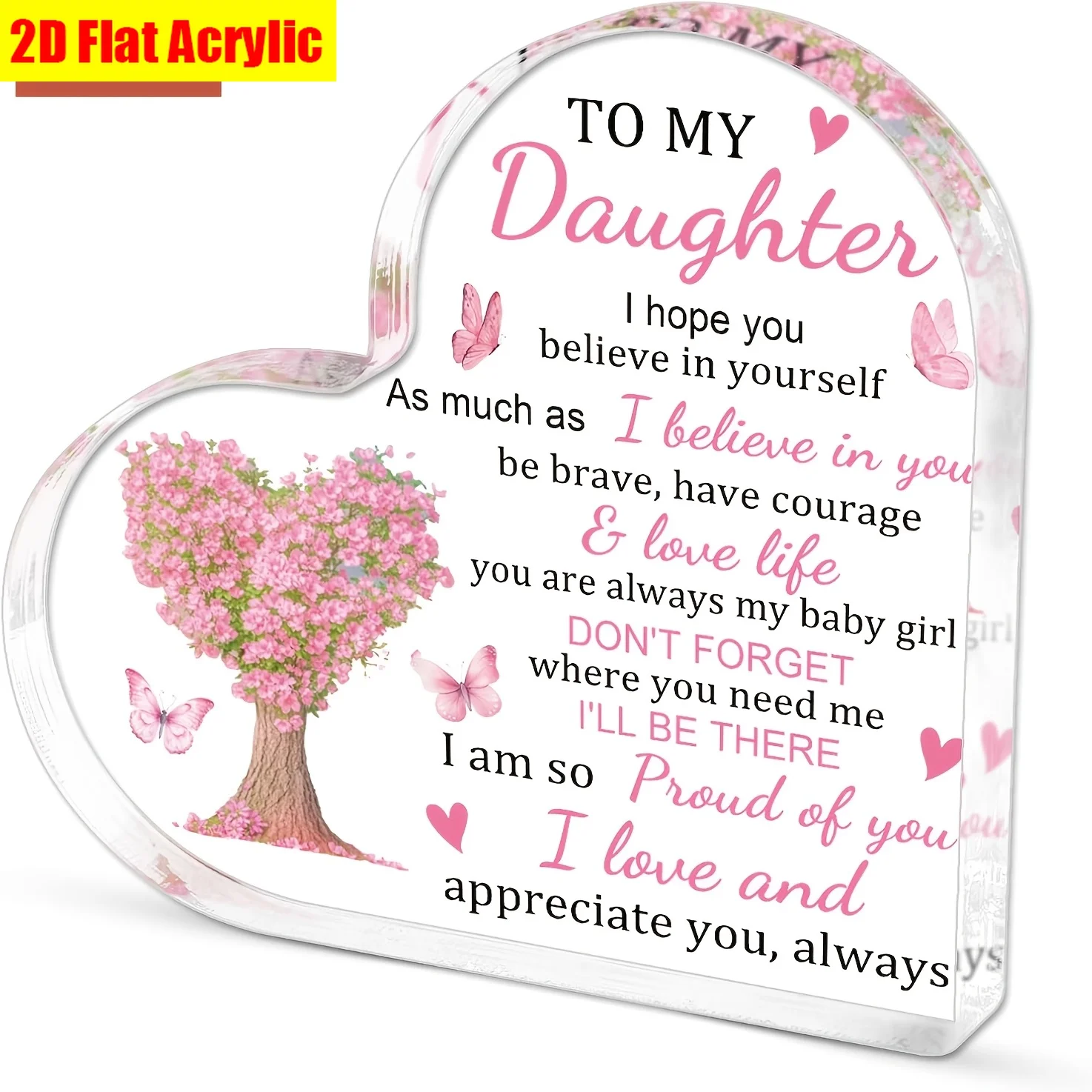 Pink Flower Heart‑Tree Butterfly Heart Acrylic Stand, Loving Parent‑to‑Daughter Encouragement Quote Table Ornament