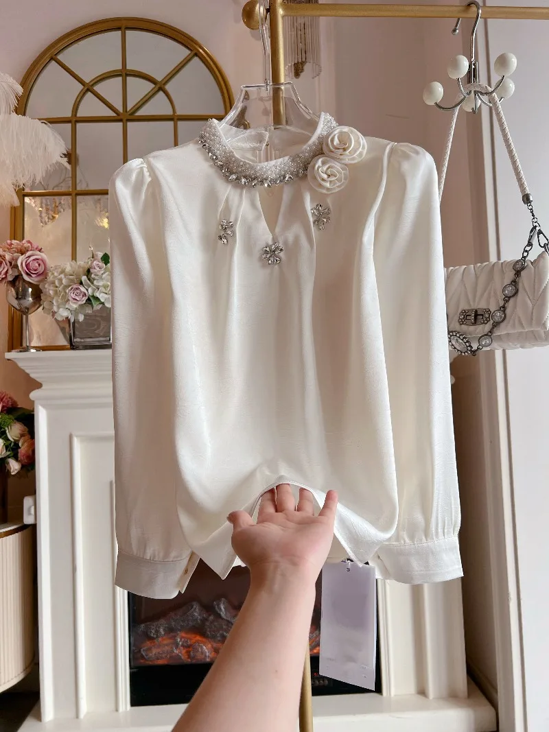 

Французская блузка с объемными цветами и бисером для женщин, профессиональный стиль для офиса, с длинным рукавом, из высококачественного атласного шифона