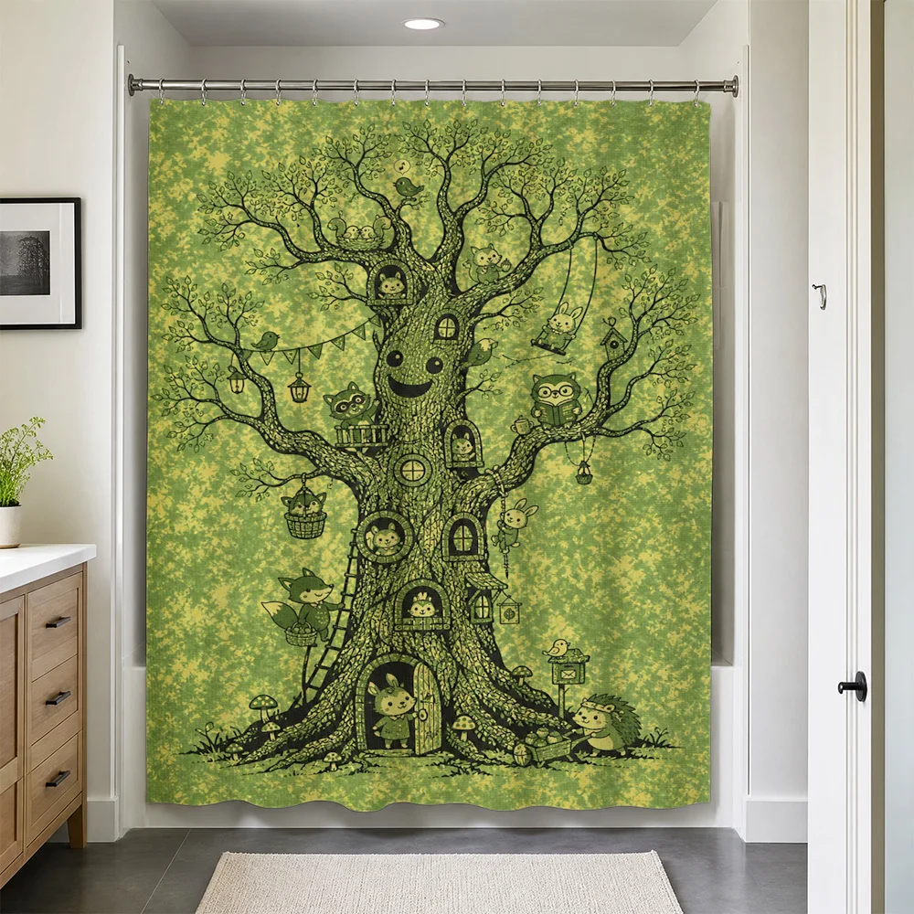 Waterproof Forest Scene Shower Curtain Bath Liner Whimsical Nature Kids Cartoon Decor Bathroom Art Shower Screen Novelty Shower