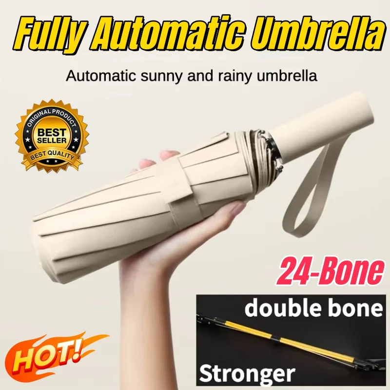 Nuevo paraguas automático grande de 24 varillas, resistente al viento, con doble protección solar UV, de doble uso, para hombres y mujeres